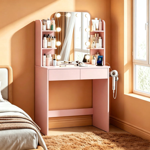 ICEELF 31.5" Pink Vanity Desk with Mirror and 3 Color Lights, Small Makeup Vanity Set with Power Outlet & Hairdryer Rack for Small Spaces