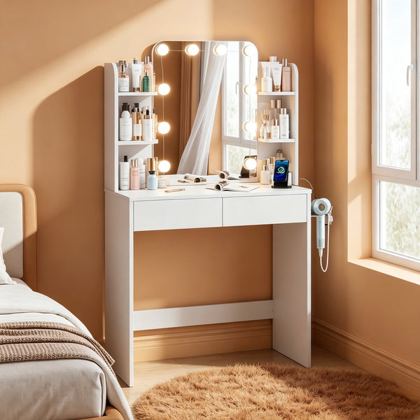 ICEELF 31.5" White Vanity Desk with Mirror and 3 Color Lights, Small Makeup Vanity Set with Power Outlet & Hairdryer Rack for Small Spaces