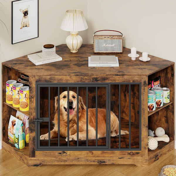 Corner Dog Crate Furniture, Akaber 55 Inch Wooden Pet Kennel with 4 Storage Shelves, Heavy Duty End Table for Small Medium Dogs, Indoor Decorative Dog Crate, Brown