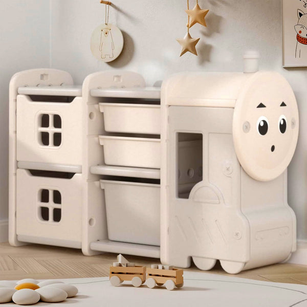 Toy Storage Organizer with 10 Removable Bins, 3 Cabinets, and Pull-Out Drawers for Toddlers