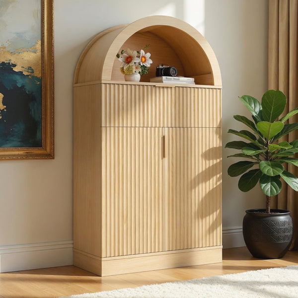 Curved Modern Storage Cabinet with Door and Drawers, NEORIVERE Compact Freestanding Wood Grain Cabinet for Bathroom, Kitchen, Living Room, Dining Room