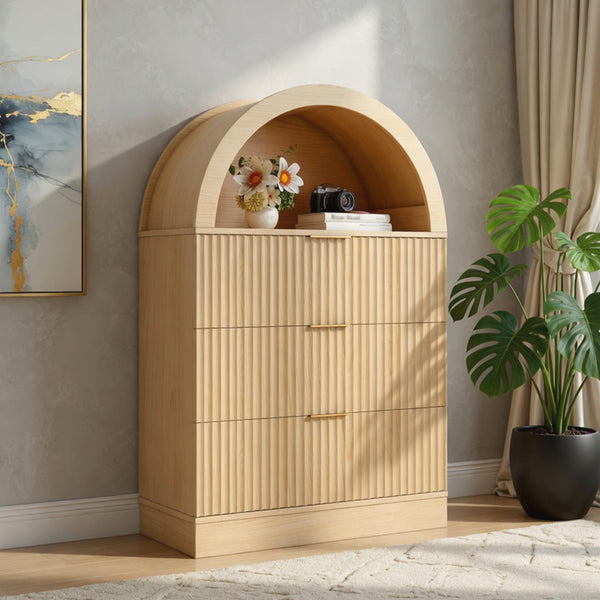 Curved Modern Storage Cabinet with 3 Drawers, NEORIVERE Compact Freestanding Wood Grain Cabinet for Bathroom, Kitchen, Living Room, Dining Room