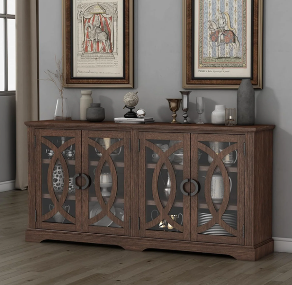 69" Coffee Bar Cabinet, Farmhouse Buffet Cabinet with 4 Glass Barn Doors