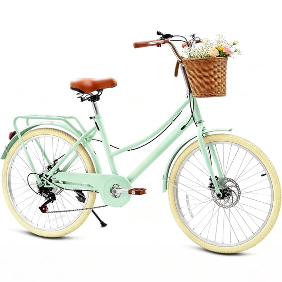DEYGIA 24 Inch 7-Speed Retro Cruiser Bike for Ages 6-15, Youth with Rattan Basket, Dual-Disc Brake Carbon Steel Frame Lightweight Bicycle, Easy Assembly