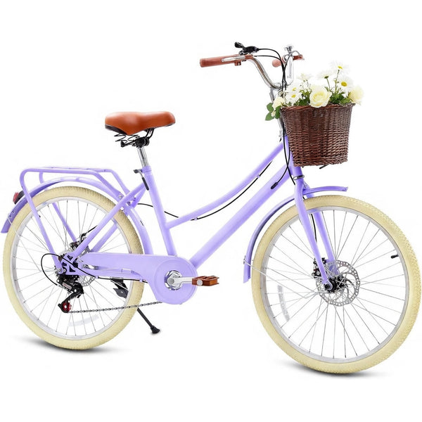DEYGIA 24 Inch Kids Bike for Girls Ages 6-15 - 7-Speed Retro Cruiser with Rattan Basket, Dual-Disc Brake, Lightweight Carbon Steel Frame, Easy Assembly