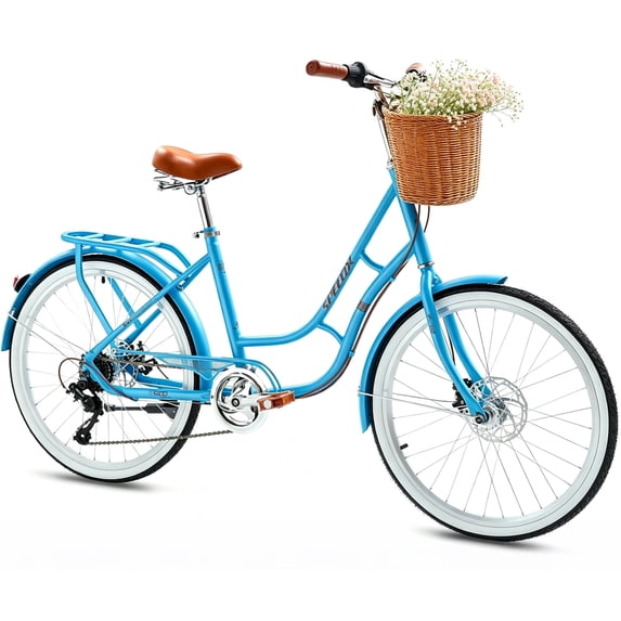 DEYGIA 24 inch Kids Bike, Cruiser Bike for Girls, 7 Speed Kids' Bicycles with Rattan Basket and Adjustable Seat, Lightweight Step Bike for Girls