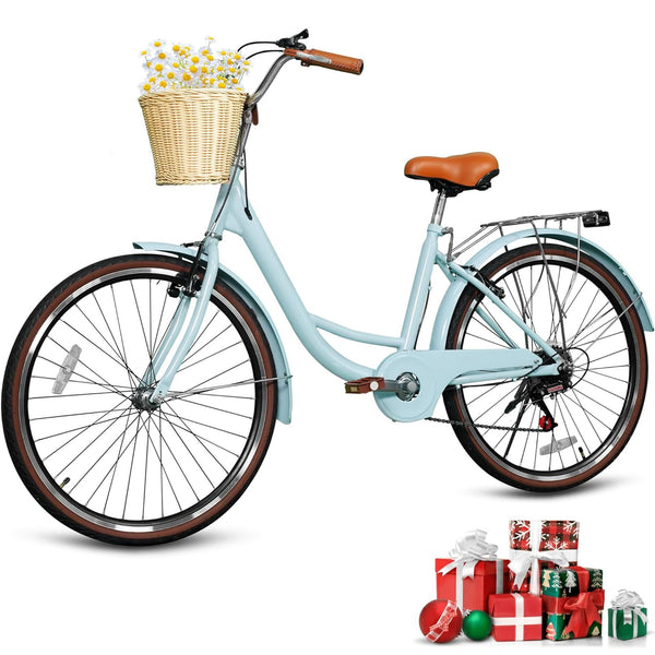 DEYGIA 26 inch Kids Bike, Cruiser Bike for Girls, 7 Speed Kids' Bicycles with Rattan Basket and Adjustable Seat, Lightweight Step Bike for Girls