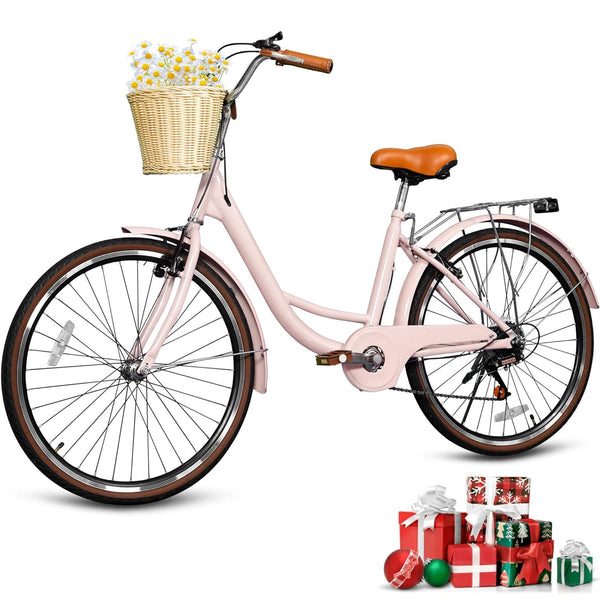 DEYGIA 26 inch Kids Bike, Cruiser Bike for Girls, 7 Speed Kids' Bicycles with Rattan Basket and Adjustable Seat, Lightweight Step Bike for Girls
