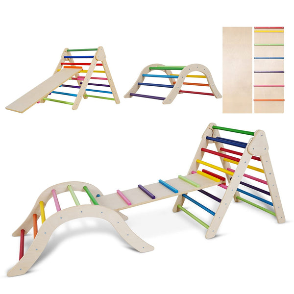 3 in-1 Foldable Triangle Ladder, Wooden Climber with Ramp, Montessori Climbing Toys, Climbing Gym for Toddlers 1-3 with Arch, Indoor Outdoor Playground Climbing Toys for Babys