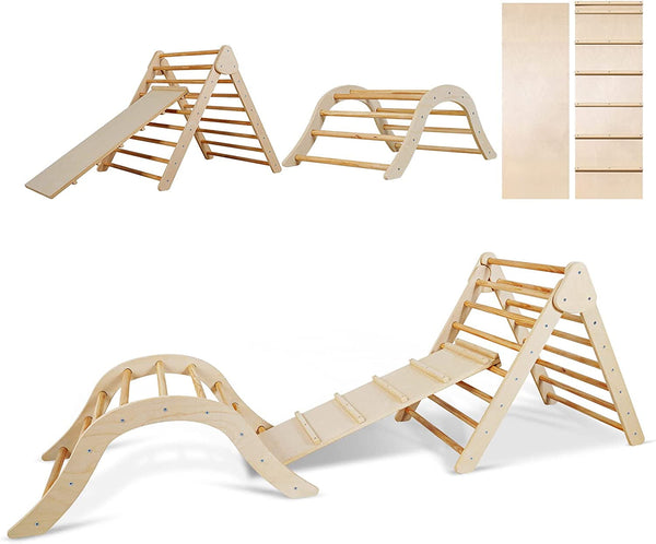 3 in-1 Foldable Triangle Ladder, Wooden Climber with Ramp, Montessori Climbing Toys, Climbing Gym for Toddlers 1-3 with Arch, Indoor Outdoor Playground Climbing Toys for Babys