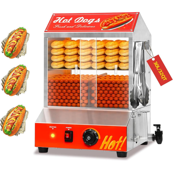 NEORIVER 32QT Hot Dog Steamer, 2-Tier Stainless Steel Hot Dog Hut Steamer with Bun Warmer, Electric Hot Dog Bun Steamer with Sliding Door and Clip, Hold 175 Hotdogs and 40 Buns, Temp Control, 1000W