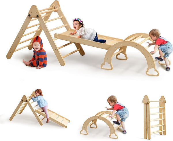 5 in 1 Pikler Triangle Set, Wooden Montessori Climbing Set with Ladder, Ramp, Arch, Rocker and Slide, Climbing Toys for Toddlers 1-3 Inside, Foldable Pikler Triangle