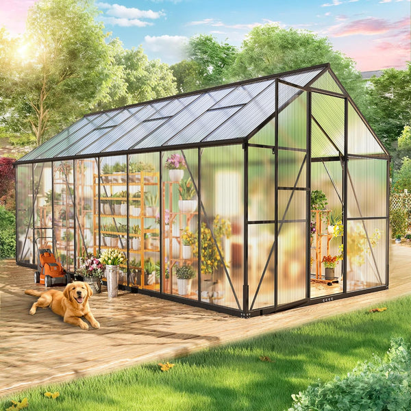 Pipleo Greenhouse for Outdoors，8x16 FT Polycarbonate Green House Walk-in，Greenhouse with 4 Adjustable Roof Vents & Sliding Doors for Garden