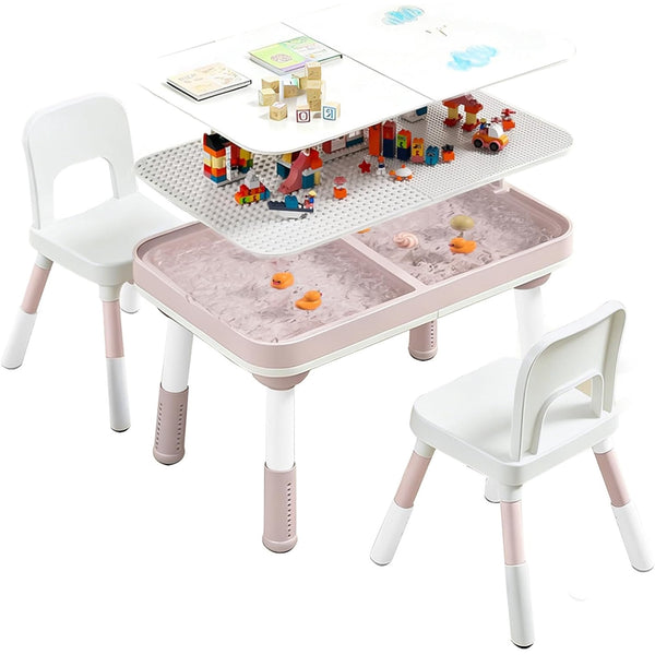 NEORIVER Kids Table and Chair Set with Storage – 5-in-1 Height Adjustable Toddler Activity Table & 2 Chairs for Building Blocks, Drawing, Reading, Dining, Sand & Water Play