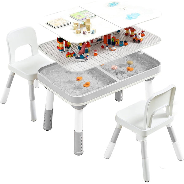 NEORIVER Kids Table and Chair Set with Storage – 5-in-1 Height Adjustable Toddler Activity Table & 2 Chairs for Building Blocks, Drawing, Reading, Dining, Sand & Water Play