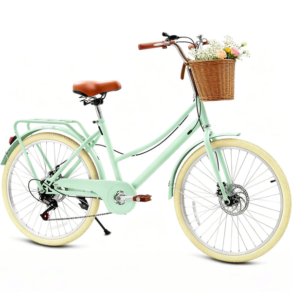 DEYGIA 24 Inch 7-Speed Retro Cruiser Bike for Ages 6-15, Youth with Rattan Basket, Dual-Disc Brake Carbon Steel Frame Lightweight Bicycle, Easy Assembly