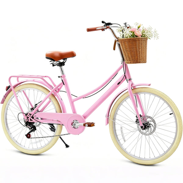 DEYGIA 24 Inch 7-Speed Retro Cruiser Bike for Ages 6-15, Youth with Rattan Basket, Dual-Disc Brake Carbon Steel Frame Lightweight Bicycle, Easy Assembly