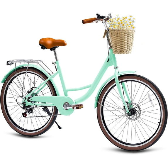 24 Inch DEYGIA Kids Bike, Cruiser Bike for Girls, 7 Speed Kids' Bicycles with Rattan Basket and Adjustable Seat, Lightweight Step Bike for Girls