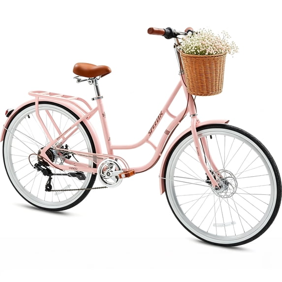 DEYGIA 24 inch Kids Bike, Cruiser Bike for Girls, 7 Speed Kids' Bicycles with Rattan Basket and Adjustable Seat, Lightweight Step Bike for Girls