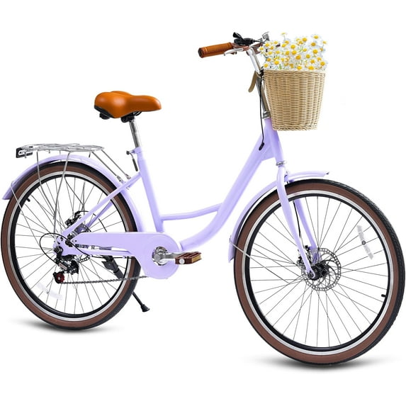 DEYGIA Kids Bike, Cruiser Bike for Girls, 26 inch 7 Speed Kids' Bicycles with Rattan Basket and Adjustable Seat, Lightweight Step Bike for Girls