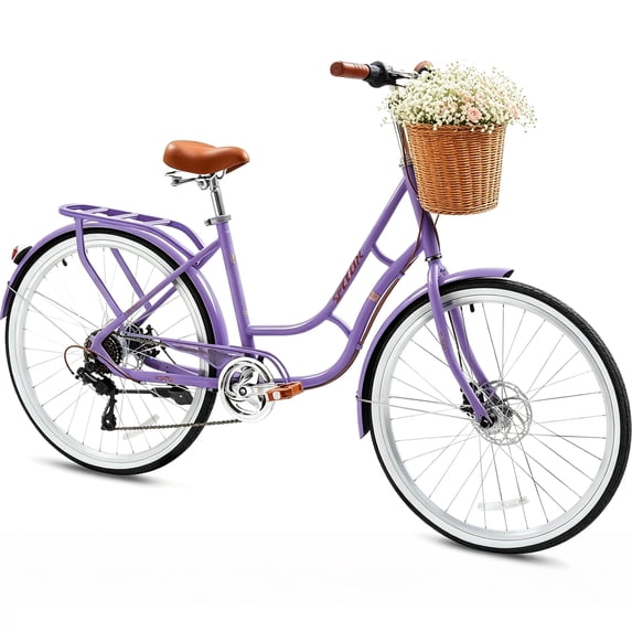 DEYGIA 24 inch Kids Bike, Cruiser Bike for Girls, 7 Speed Kids' Bicycles with Rattan Basket and Adjustable Seat, Lightweight Step Bike for Girls