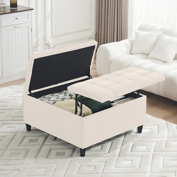 Large Square Storage Ottoman, 35" Tufted Ottoman with Storage, Oversized Ottoman Coffee Table with Lift Top