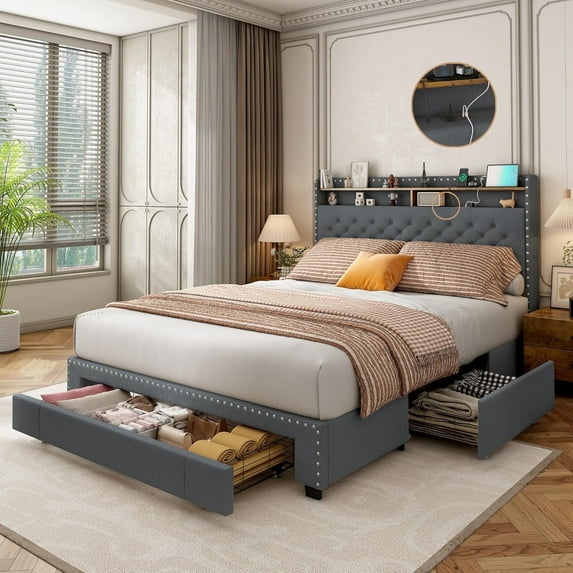 Pipleo Queen Bed Frame with headboard, Queen Size Bed Frame with 3 Drawers, Velvet Upholstered Platform Bed Frame with Storage, LED Lights and Charging Station