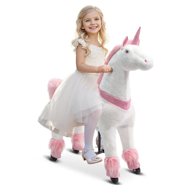 DEYGIA Ride on Unicorn Toys, Mechanical Cycle Walking Action Plush Animal, Max Load 165 lbs
