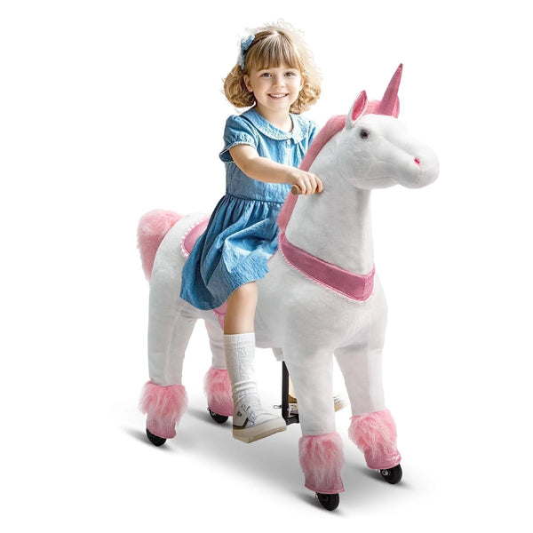 DEYGIA Ride on Unicorn Toys, Mechanical Cycle Walking Action Plush Animal, Max Load 165 lbs