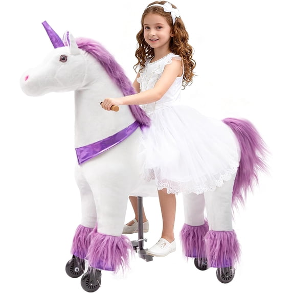 DEYGIA Ride on Unicorn Toys, Mechanical Cycle Walking Action Plush Animal, Max Load 165 lbs