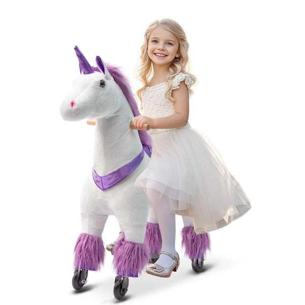 DEYGIA Unicorn Ride on Toys, Mechanical Cycle Walking Action Plush Animal, Max Load 187 lbs