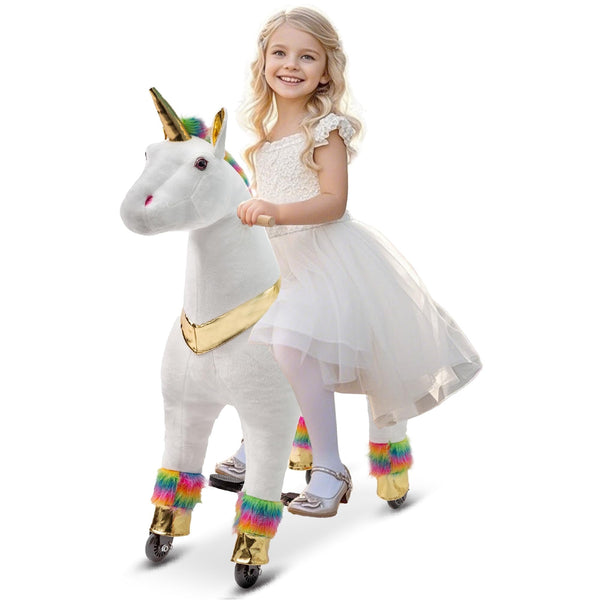 DEYGIA Unicorn Ride on Toys, Mechanical Cycle Walking Action Plush Animal, Max Load 187 lbs