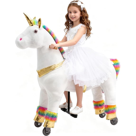 DEYGIA Unicorn Ride on Toys, Mechanical Cycle Walking Action Plush Animal, Max Load 187 lbs