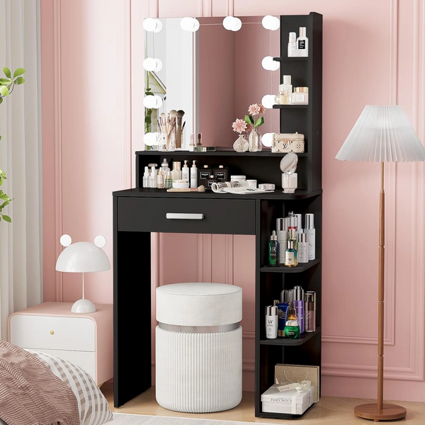 ICEELF Makeup Vanity Desk with Mirror and Lights, 26.4" White Vanity Mirror with Lights with Large Drawer and 6 Level Storage, White Vanity with Large Led Mirror with 3 Color Lighting Modes
