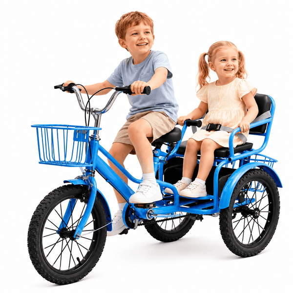 ICEELF 16-Inch Kids Tricycle for Ages 4-9, Height-Adjustable Dual-Seat Trike with 3 Storage Baskets and Dual Hand Brakes