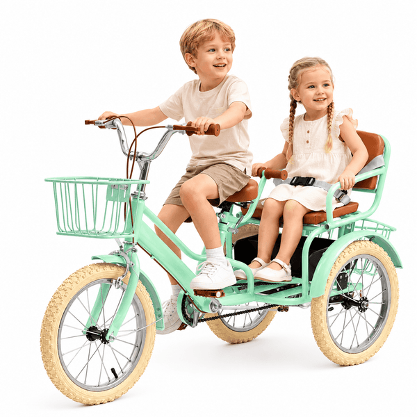 ICEELF 16-Inch Kids Tricycle for Ages 4-9, Height-Adjustable Dual-Seat Trike with 3 Storage Baskets and Dual Hand Brakes