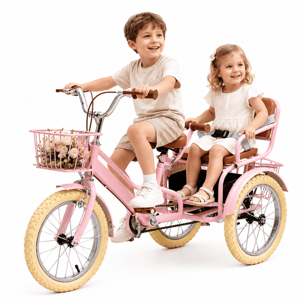 ICEELF 16-Inch Kids Tricycle for Ages 4-9, Height-Adjustable Dual-Seat Trike with 3 Storage Baskets and Dual Hand Brakes