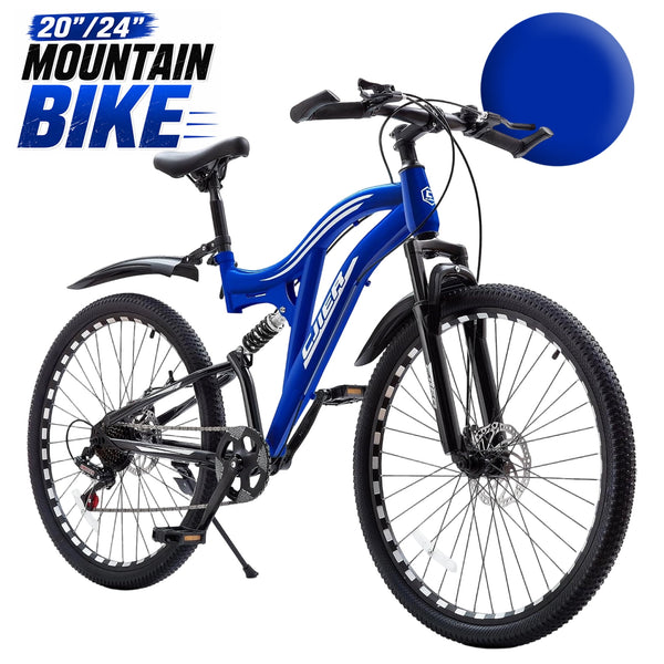 ICEELF Boys & Girls Mountain Bike Ages 6-15, 20/24 inch 7-Speed Bike with Dual Suspension, Dual Disc Brakes & High-Carbon Steel Frame