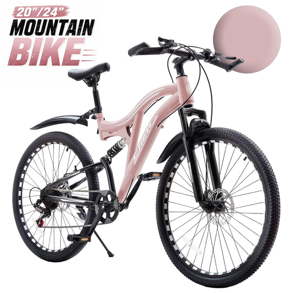 ICEELF Boys & Girls Mountain Bike Ages 6-15, 20/24 inch 7-Speed Bike with Dual Suspension, Dual Disc Brakes & High-Carbon Steel Frame