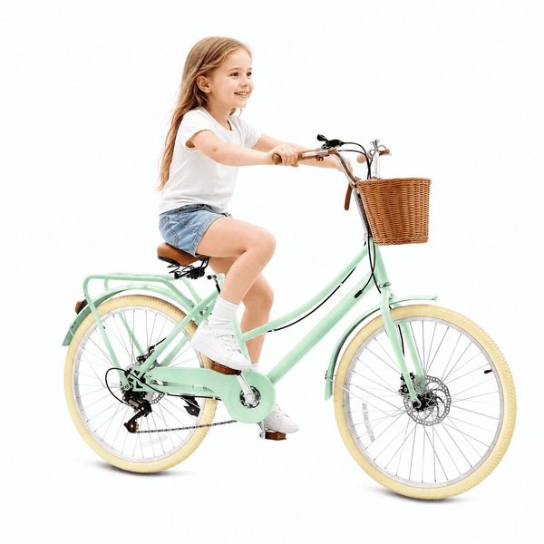 ICEELF Girls Retro Cruiser Bike ages 8-15, 20 inch 7-speed carbon steel bicycle with rattan basket & dual disc brakes for youth