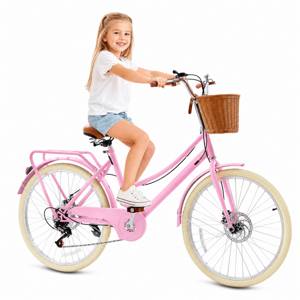 ICEELF Girls Retro Cruiser Bike ages 8-15, 20 inch 7-speed carbon steel bicycle with rattan basket & dual disc brakes for youth