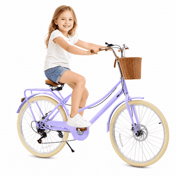 ICEELF Girls Retro Cruiser Bike Ages 8-15, 20/24 Inch 7-Speed Carbon Steel Bicycle with Rattan Basket & Dual Disc Brakes for Youth
