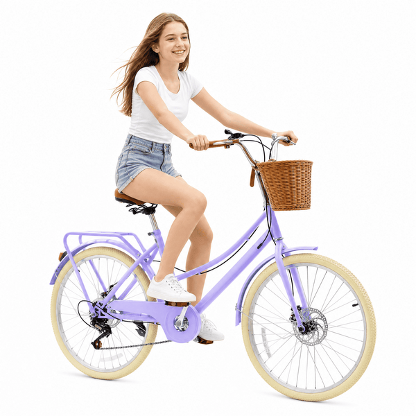 ICEELF Girls Retro Cruiser Bike ages 8-15, 24 inch 7-speed carbon steel bicycle with rattan basket & dual disc brakes for youth