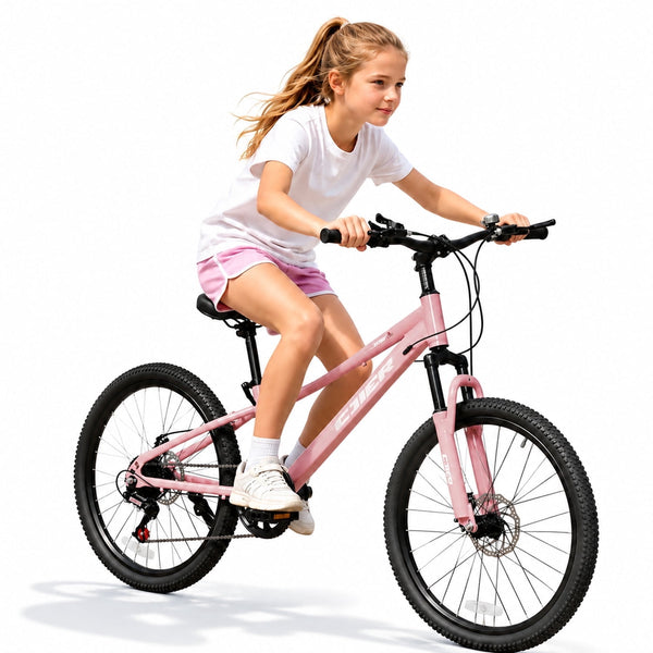 ICEELF 20 inch Kids&Teen Mountain Bike, 7-Speed Bicycle for Boys & Girls, Carbon Steel Frame, Suspension Fork, Dual Disc Brakes, Pink