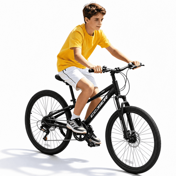 ICEELF 24 Inch Kids&Teen Mountain Bike, 7-Speed Bicycle for Boys & Girls, Carbon Steel Frame, Suspension Fork, Dual Disc Brakes, Black