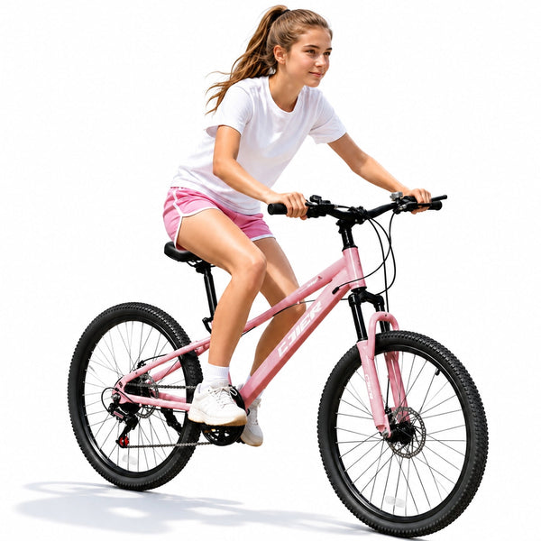 ICEELF 24 Inch Kids&Teen Mountain Bike, 7-Speed Bicycle for Boys & Girls, Carbon Steel Frame, Suspension Fork, Dual Disc Brakes, Pink