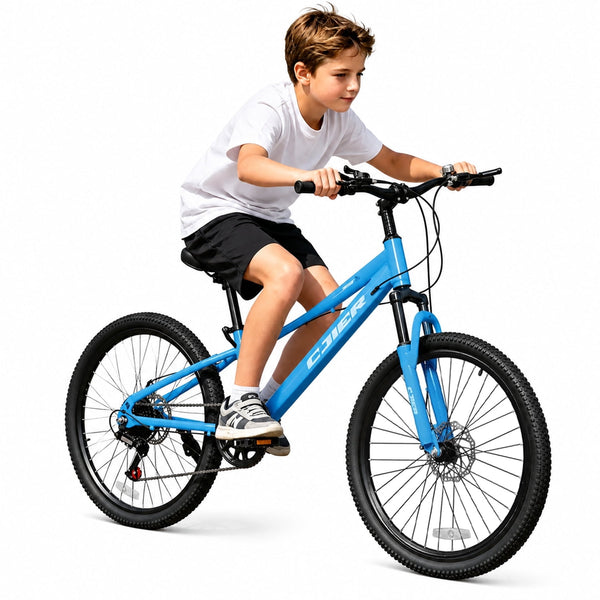 ICEELF 24 Inch Kids&Teen Mountain Bike, 7-Speed Bicycle for Boys & Girls, Carbon Steel Frame, Suspension Fork, Dual Disc Brakes, Blue