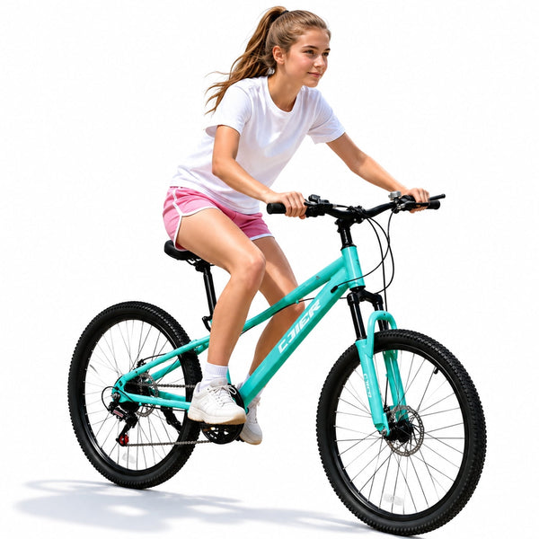 ICEELF 24 Inch Kids&Teen Mountain Bike, 7-Speed Bicycle for Boys & Girls, Carbon Steel Frame, Suspension Fork, Dual Disc Brakes, Mint Green