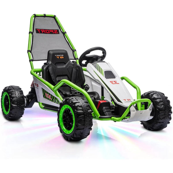 ICEELF 24V Electric Go Kart for Kids Age 6+, Dual 200W Motors Drift Kart with EVA Wheels, Metal Frame, Dual Speed Modes, LED Lights and Music, Green