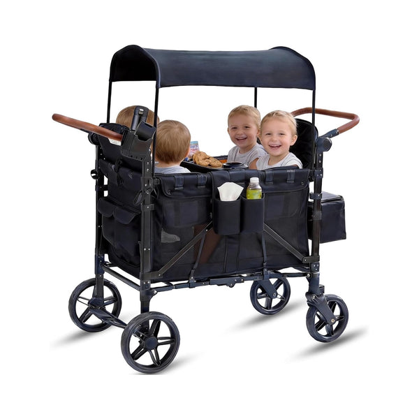 ICEELF 4 Seater Wagon Stroller for Kids, Foldable Stroller Wagon with Snack Tray, Large Storage Bags, Phone Cup Holder, Removable Canopy and Adjustable Push Handle, Deep Black